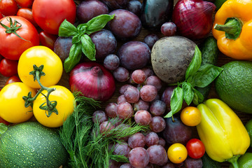 Colorful assortment of fruit and vegetables, healthy natural products.