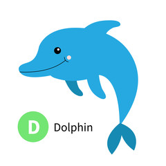 Letter D. Dolphin. Zoo animal alphabet. English abc with cute cartoon kawaii funny baby animals. Education cards for kids. Isolated. White background. Flat design.