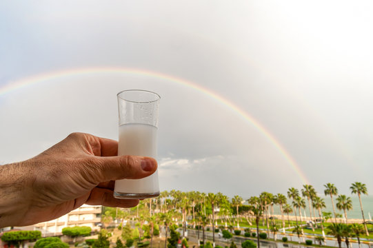 Traditional Turkish Raki under the rainbow (Turkish National Drink Raki: Aslan S&uuml;t&uuml;)