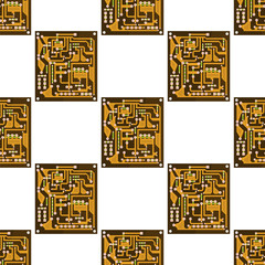 Circuit Board Seamless Pattern on White Background. Flat Design. Modern Computer Technology Background. High Tech Printed Symbol.