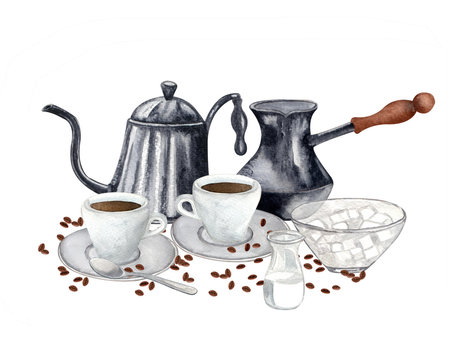 Watercolor breakfast illustration. two cup of coffee, vintage coffeemaker, tea pot. Hand drawn food composition. Perfect for cards, logo, menu design.