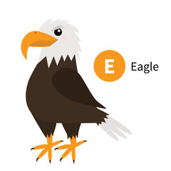 Letter E. Eagle. Zoo animal alphabet. English abc with cute cartoon kawaii funny baby bird animals. Education cards for kids. Isolated. White background. Flat design.