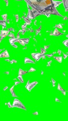 Flying dollars banknotes isolated on chromakey. Money is flying in the air. 100 US banknotes new sample. Vertical orientation. 3D illustration