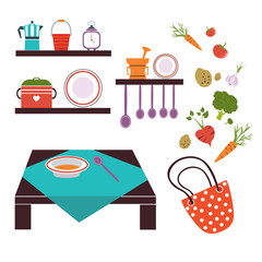 modern kitchen color tools vegetable. Cooking flat vector design.
