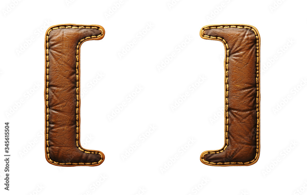 Fototapete set of symbols left and right bracket made of leather. 3d render font with skin texture isolated on 