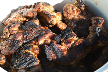 Meat on the grill. Chef cooking grilling mix of fresh grilled chicken meat