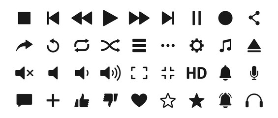 Set of Media player icons. Music, interface, design media player buttons collection. Vector Illustration.