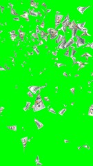 Flying dollars banknotes isolated on chromakey. Money is flying in the air. 100 US banknotes new sample. Vertical orientation. 3D illustration