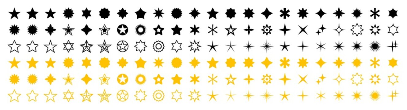 Stars set of 132 black and yellow icons. Rating Star icon. Star vector collection. Modern simple stars. Vector illustration.
