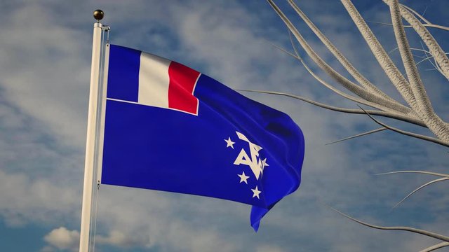 French Southern and Antarctic Lands flag waving with blue sky - video animation