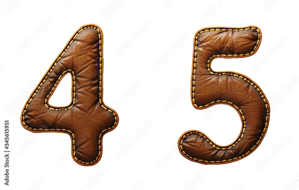 Fototapete set of numbers 4, 5 made of leather. 3d render font with skin texture isolated on white background.