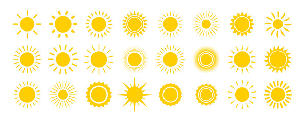 Sun icon set. Yellow sun star icons collection. Summer, sunlight, nature, sky. Vector illustration isolated on white background. - obrazy, fototapety, plakaty