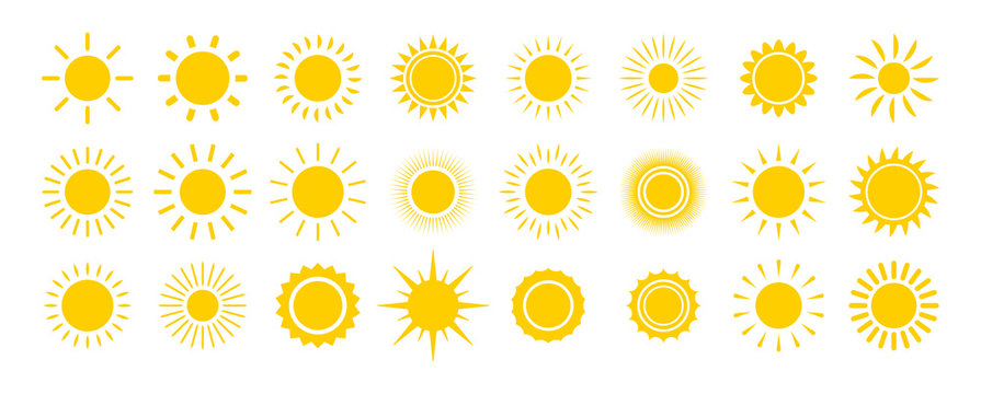 Sun icon set. Yellow sun star icons collection. Summer, sunlight, nature, sky. Vector illustration isolated on white background.