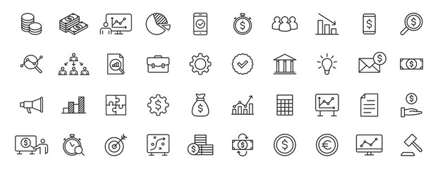 Set of 40 Business and Finance web icons in line style. Money, dollar, infographic, banking. Vector illustration.