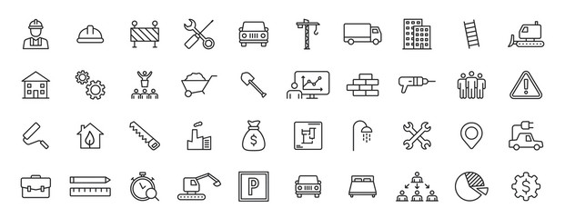 Set of 40 Construction web icons in line style. Building, engineer, business, road, builder, industry. Vector illustration.