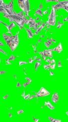 Flying dollars banknotes isolated on chromakey. Money is flying in the air. 100 US banknotes new sample. Vertical orientation. 3D illustration