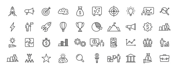 Set of 40 Start up web icons in line style. Creative, idea, target, innovation, business, marketing. Vector illustration. - obrazy, fototapety, plakaty