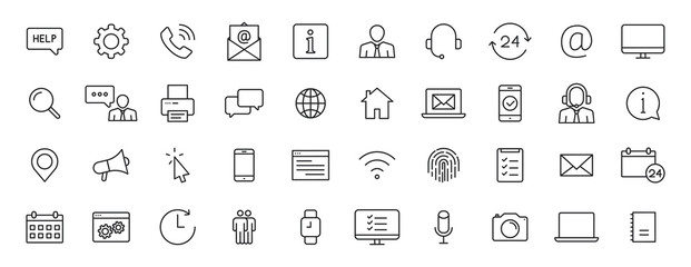 Set of 40 Support and Help web icons in line style. Assistance, email, customer, 24 hrs, service, contact. Vector illustration.