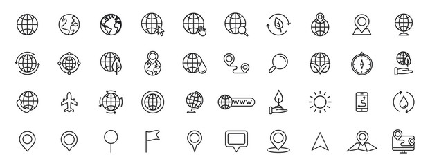 Set of 40 Globe and earth planet web icons in line style. Navigational Equipment, Planet Earth, Airplane, Map. Vector illustration.