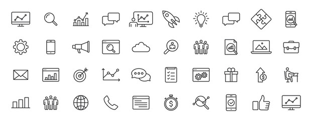 Set of 40 SEO and Development web icons in line style. Contact, Target, Website. Vector illustration.