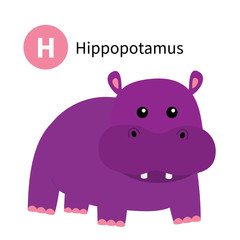 Letter H. Hippopotamus. Behemoth river-horse. Zoo animal alphabet. English abc with cute cartoon kawaii funny baby animals. Education cards for kids. Isolated. White background. Flat design.