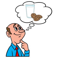 Thinking about Milk and Cookies - A cartoon illustration of a man thinking about eating Milk and Cookies.