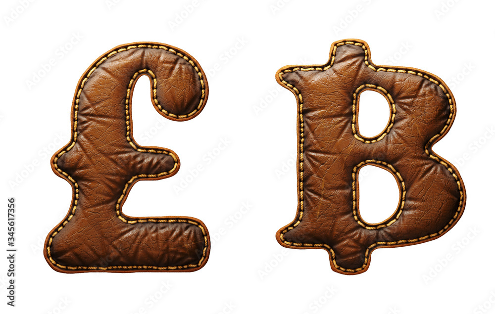 Fototapete set of symbols lira and baht made of leather. 3d render font with skin texture isolated on white bac