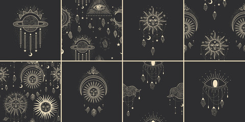 Vector illustration set of moon phases. Different stages of moonlight activity in vintage engraving style. Zodiac Signs, shining crystals, female hand - obrazy, fototapety, plakaty