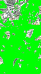 Flying dollars banknotes isolated on chromakey. Money is flying in the air. 100 US banknotes new sample. Vertical orientation. 3D illustration