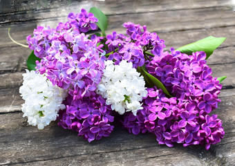 Fresh lilac on an old wooden background.