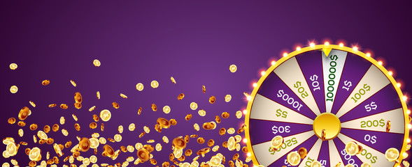 Vector illustration spinning fortune wheel on explosion of gold coins background. Realistic 3d lucky roulette. - 345617944
