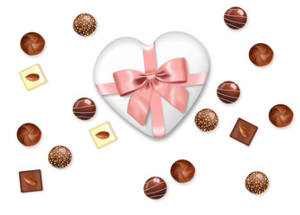 Realistic chocolate set, chocolate box, delicious dessert pattern, valentine's day, love banner, top view chocolate pralines collection vector illustration