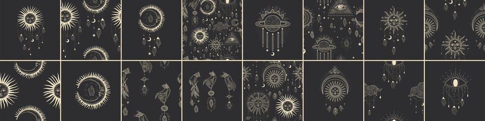 Vector illustration set of moon phases. Different stages of moonlight activity in vintage engraving style. Zodiac Signs, shining crystals, female hand © chikovnaya