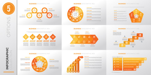 Infographic business template with 5 options. Yellow color version.