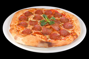 Tasty pizza salami with tomato sauce, salam, cheese and fresh basil, on a white plate, isolated on black background