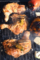 Meat on the grill. Chef cooking grilling mix of fresh grilled chicken meat