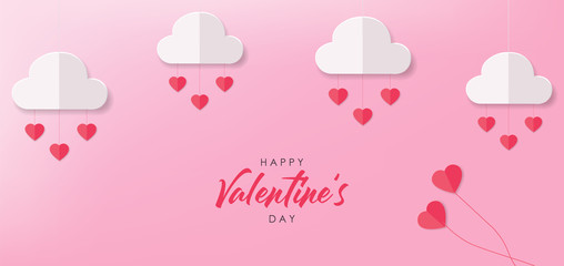 Paper heart and cloud, paper banner, party card, happy valentine's day, love card, pi nk background, happy birthday celebration background vector illustration