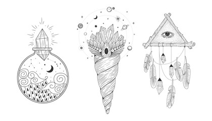 Vector illustration set of moon phases. Different stages of moonlight activity in vintage engraving style. Zodiac Signs, shining crystals, female hand