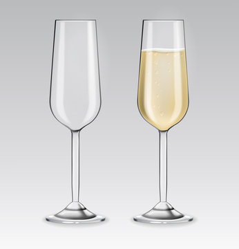 Realistic champagne glass set, transparent glass isolated, celebrate object vector illustration
