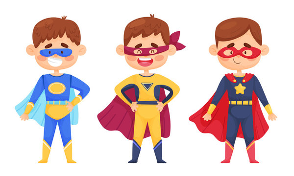 Smiling Boy Character in Superhero Costume and Cloak Standing Ready to Save the World Vector Illustrations Set