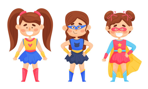 Cute Girls Character in Superhero Costume and Cloak Posing Vector Illustrations Set