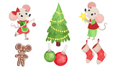 Obraz na płótnie Canvas New Year Attributes with Mouse Character and Fir Tree Vector Set