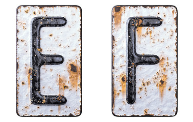 3D render set of capital letters E, F made of forged metal on the background fragment of a metal surface with cracked rust.