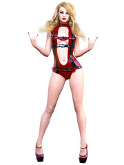 Tall woman in extravagant sexy latex body suite.