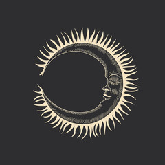 Vector illustration set of moon phases. Different stages of moonlight activity in vintage engraving style. Zodiac Signs, shining crystals, female hand