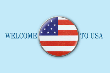 Flag of America in a round icon on a blue background. Welcome to America. Travels.