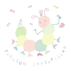 Fashion caterpillar cartoon character hand drawing illustration in a light color palette