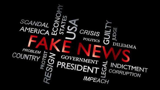 Fake news wordcloud meaning hoax or disinformation - video animation
