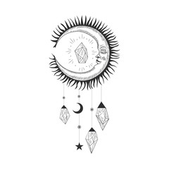 Vector illustration set of moon phases. Different stages of moonlight activity in vintage engraving style. Zodiac Signs, shining crystals, female hand