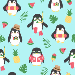 Cute penguins in summer seamless pattern - 345622769